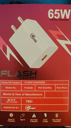 Tyvon TY-QC-438 65w Smartphone Charger With Type C Cable