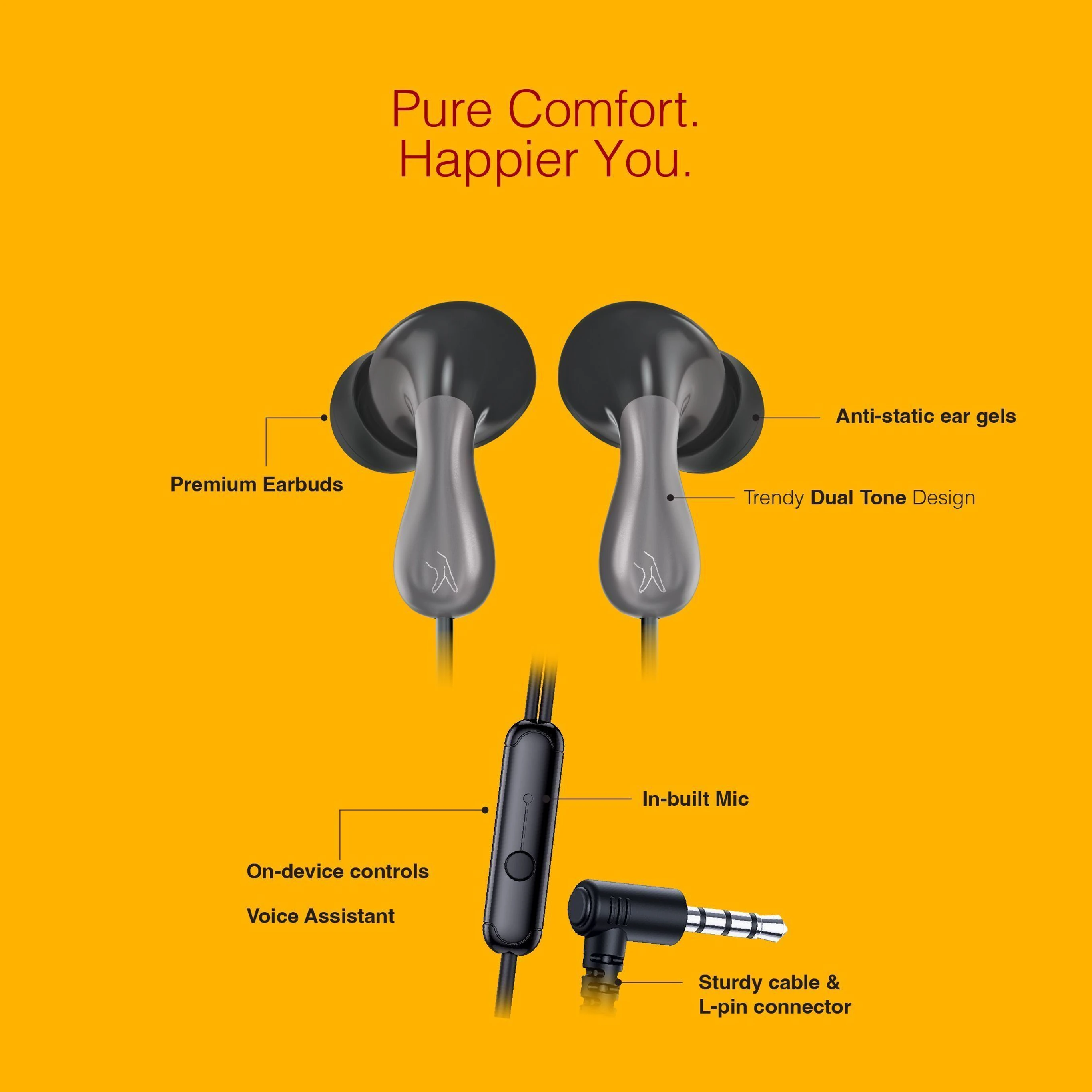 Fingers HappyTunes in Ear Wired Earphone. Color Black
