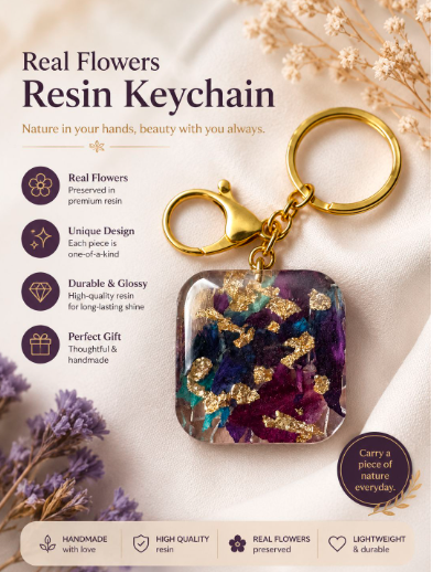 Resin Keychain Flower Preserve. Sqare