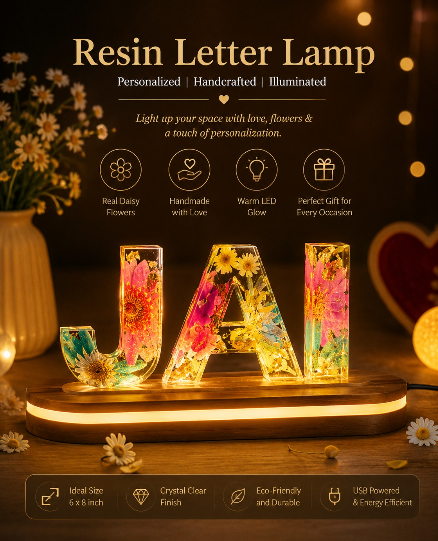 3 Letter Resin Art Lamp Flowers Preservation
